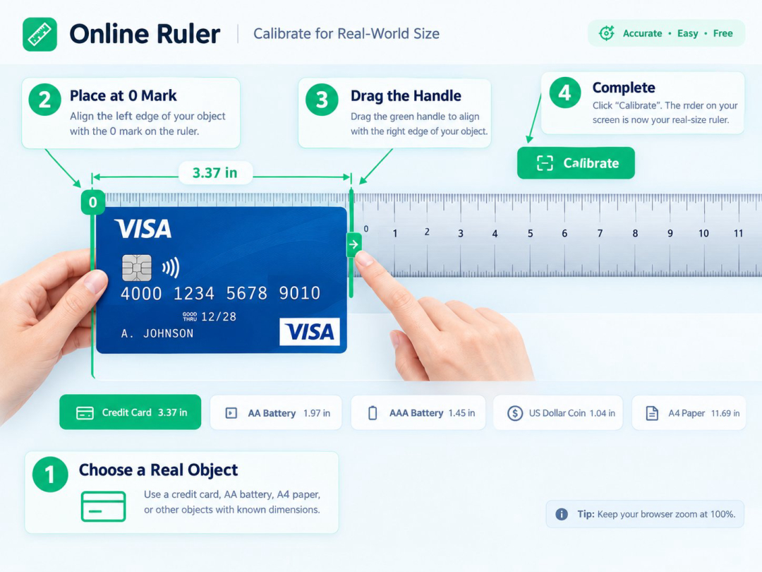 How to calibrate the online ruler in four steps: pick a reference object, align it to the 0 mark, drag the green handle to the object's right edge, then click Calibrate.